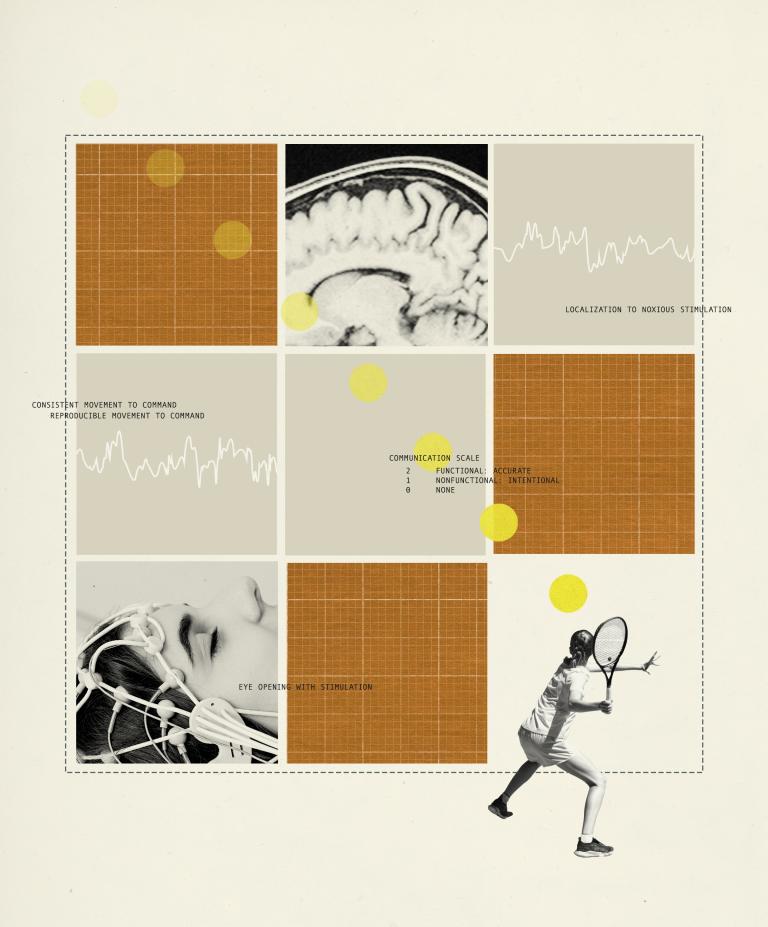 A collage of a brain scan, EEG lines, grid patterns, and a tennis player.