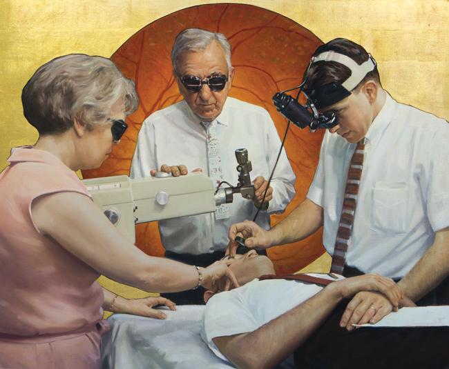 a mural of HMS faculty William Beetham, a surgeon; Lloyd Aiello, an ophthalmology professor; and Priscilla Holman, a nurse, performing a laser surgery procedure at Joslin Diabetes Center