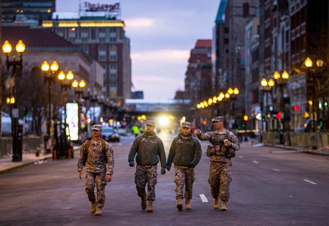 National Guardsmen walking down Boylston Street in Boston