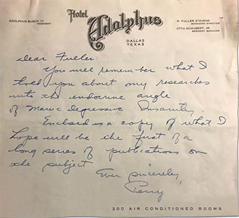 handwritten letter from Baird to Fuller Albright asking Albright his thoughts on the manuscript on the role of hormones in 'manic depressive insanity'