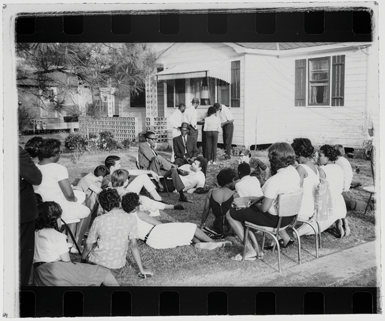 people meeting on lawn of the home of Bob and Jackie Hicks during the time of civil rights organization in Bogalusa, Louisiana