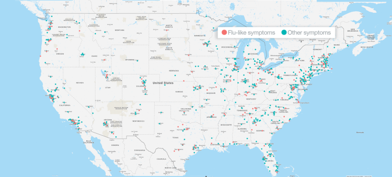 A map from Flu Near You shows mid-August 2018 flu activity in the United States.