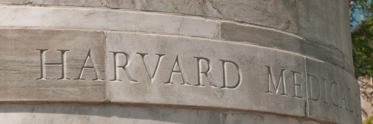 A wall with the words Harvard Medical School inscribed