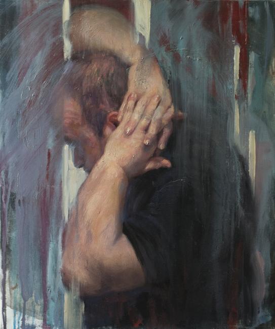painting of a man looking away with his hands clasped behind his head