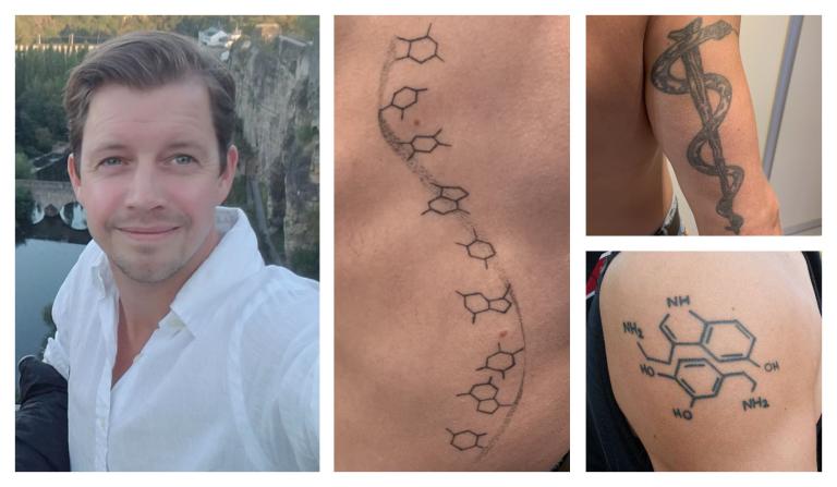 Photo collage featuring Rasmus Herlo's three tattoos (clockwise): an Asclepius rod, dopamine and serotonin and a single-stranded DNA with the sequence coding for RAS