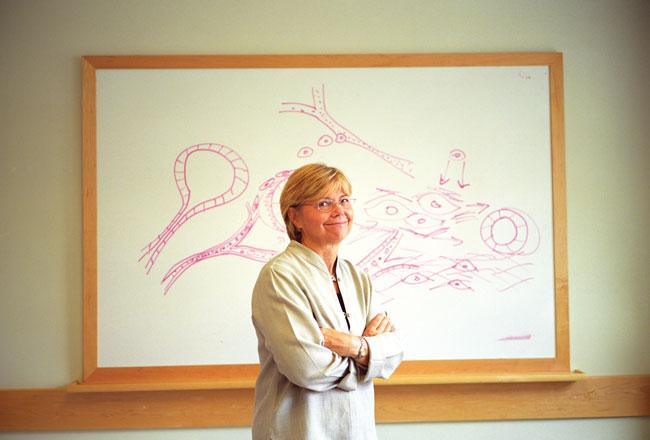 joan brugge standing in front of a white board with red markings on it
