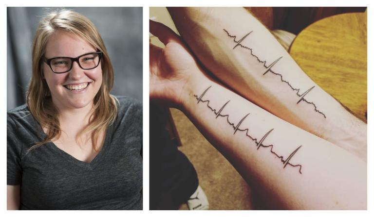 Photo collage of Lauren Kennedy-Metz of her tattoo of her husbands' heartbeat