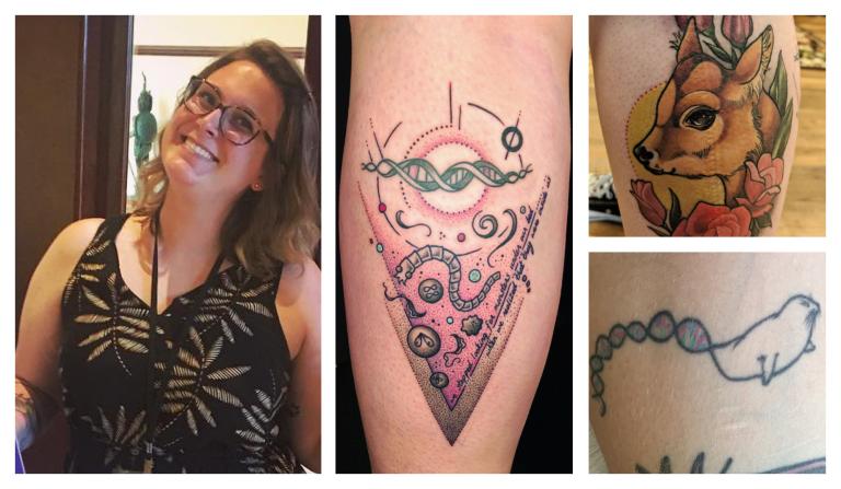 Photo collage of Caroline Keroack and her tattoo's(clockwise): a calf, a seal that turns into a double helix of DNA, and parasites