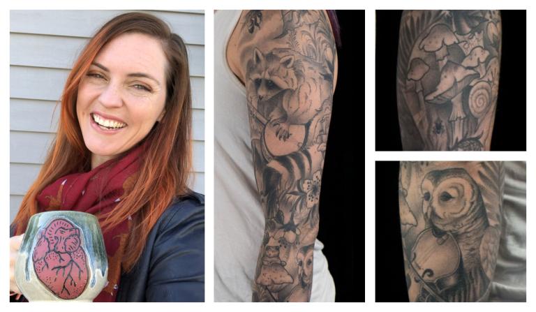 Photo collage of Kimberly McCabe and her tattoo depicting woodland animals playing instruments around a campfire