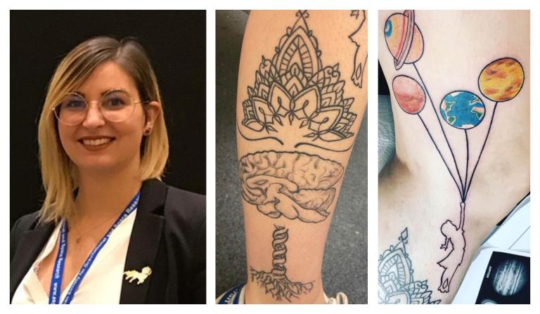 Photo collage of Marie Mortreux's tattoos, one of a mandala on top of a tree of life, and another a stencil of a girl holding up planets