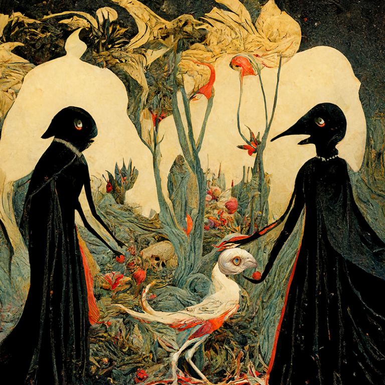 painting of black birds with human arms with daylight behind them