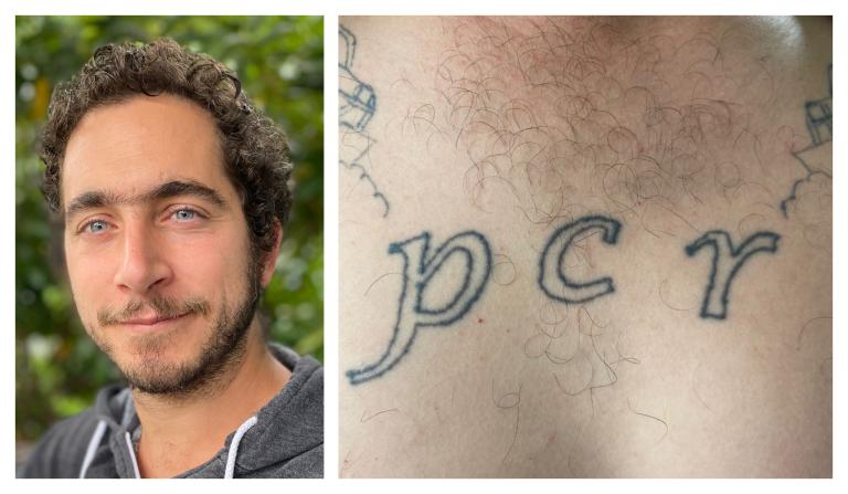 Photo collage of Arpiar Bruce Saunders and his tattoo of letters "PCR"