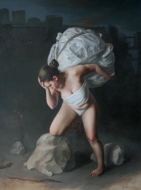 realist painting of a woman in underwear carrying a heavy sack on her back