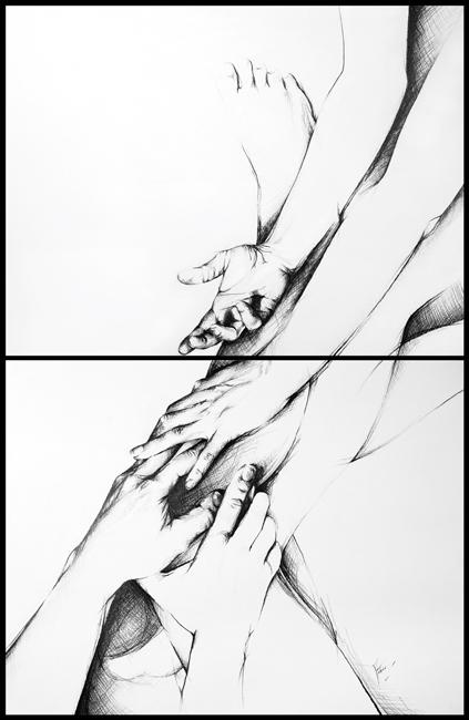 black and white draing of hands and feet intertwined