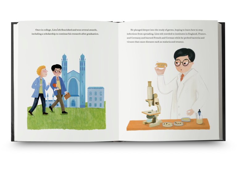 Illustrated book pages showing two scenes: Left, two students walk by a college building. Right, a scientist in a lab coat examines a petri dish near a microscope.