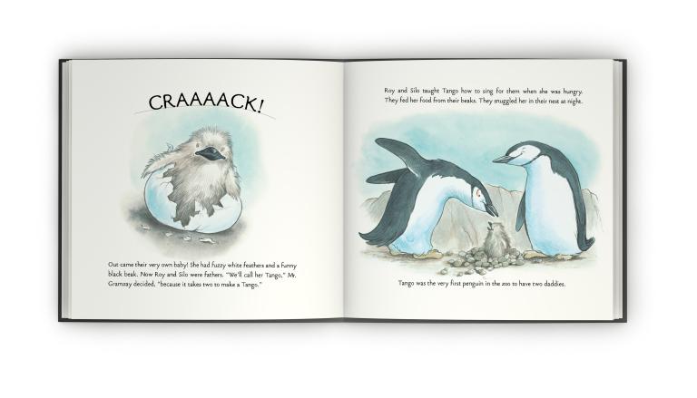 Open book showing an illustrated baby penguin emerging from an egg with "CRAAAACK!" above. Opposite, two adult penguins care for the baby on a rocky surface. Text narrates the scene. Calm, nurturing tone. 