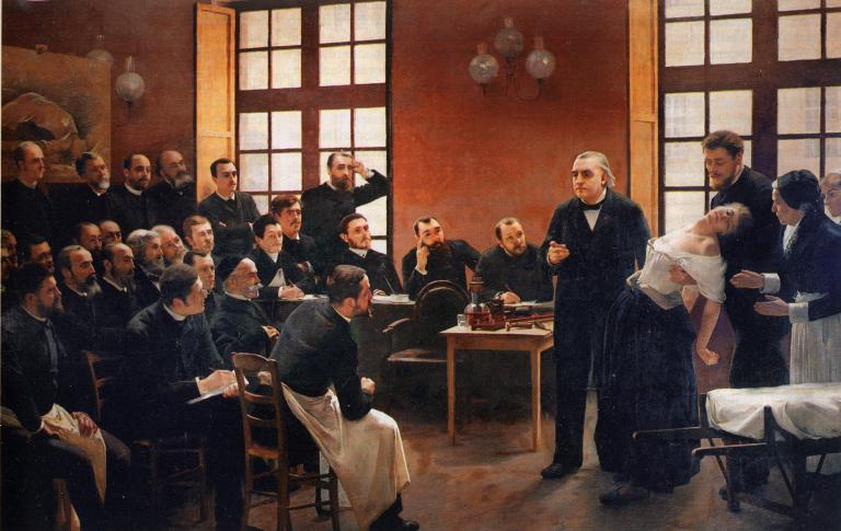 A painting showing a group of men in black coats observing a woman who appears to be fainting, as a man in the center addresses the audience in a classroom-like setting with large windows