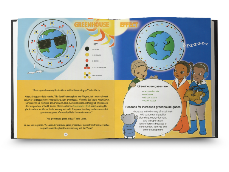 An illustrated book spread; the left page explains the greenhouse effect with graphics of Earth and gases. The right page shows diverse children discussing greenhouse gases and effects, with text outlining causes and impacts. Bright and educational tone.