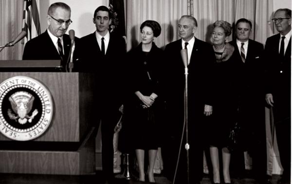 The ceremony at which Lovelace (fourth from the left) was appointed NASA’s first Director of Space Medicine included President Lyndon Johnson (left) as well as members of Lovelace's family.