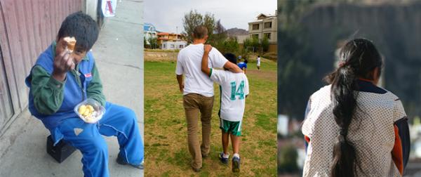 collage of images: a little boy; the rear view of a man and little boy with arms around one another; and rear view of a young girl with a long ponytail and with a dog