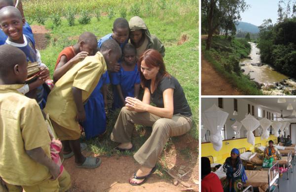 Village children gather to look at the images on the mobile phone of a health care worker. Patients visit a clinic in rural Rwanda (lower left).