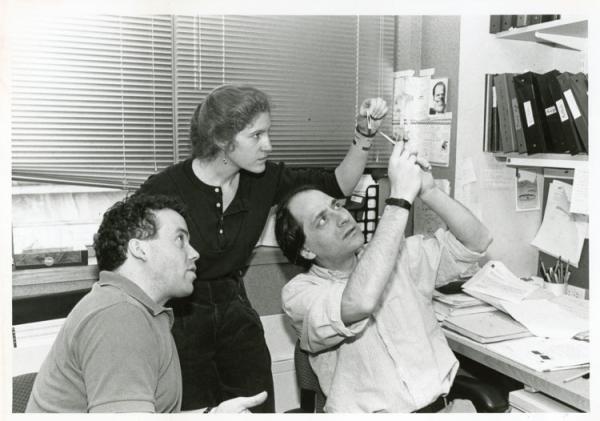 Current chair of neurobiology Michael Greenberg (right) led a laboratory that included Margaret Thompson and David Ginty.