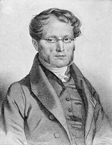 An illustrated portrait of a 19th century man in a suit with tiny glasses